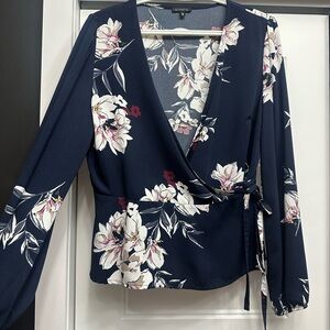 Dynamite Navy Floral Wrap Blouse